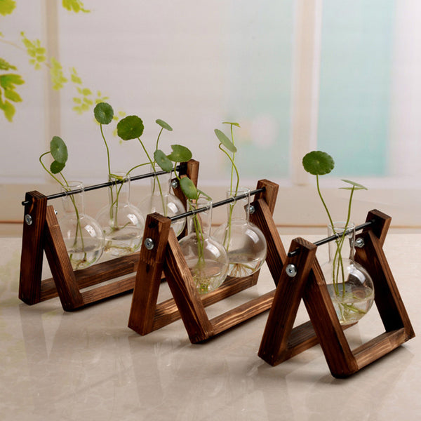 Wooden Stand Plant Container Glass Vase